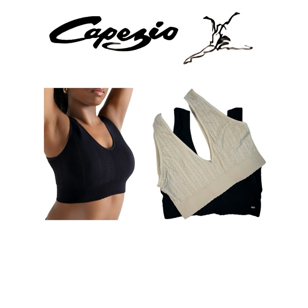 Capezio Seamless Wave Jacquard Bralettes. 2 Pack. Black / Tan. Size M